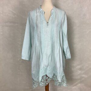 Symple Sea Green 100% Linen Pintuck Crochet Embroidered Trim Tunic Plus 2X